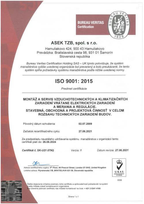 Certifikát ISO Asek TZB